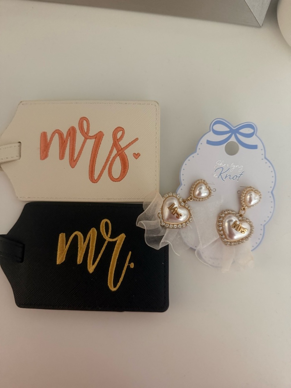 Mrs and Mr Luggage Tags with Pearl Heart Earrings